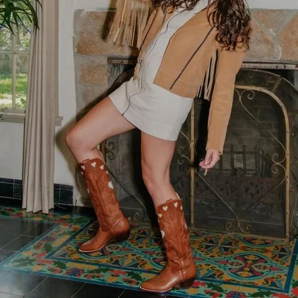 Women's Orange Wide Calf Round Toe Chunky Stacked Heel Knee High Cowgirl Boot - Picture 3 of 9